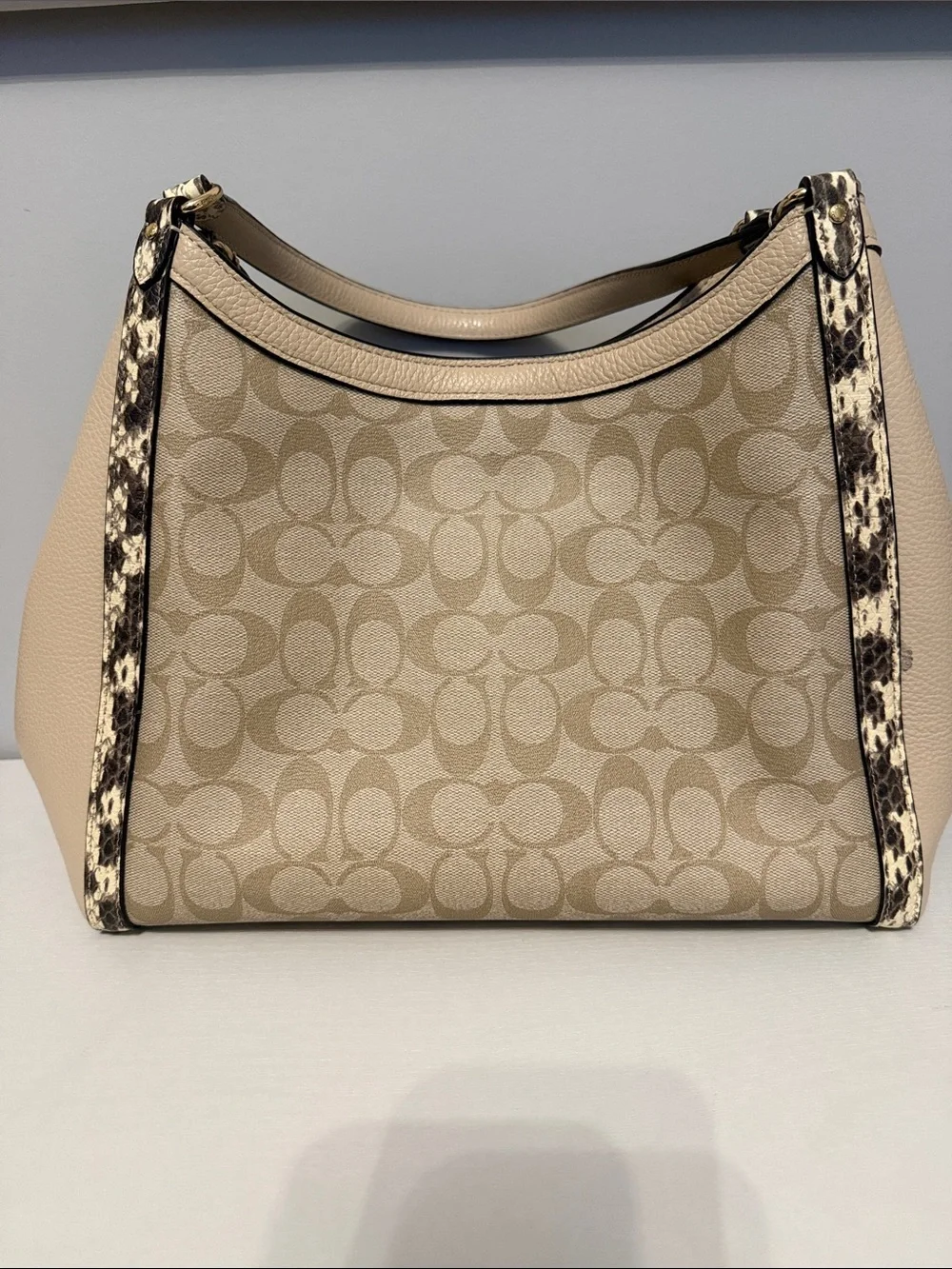 Coach Kristy Signature Beige Canvas Shoulder Bag with Snake-Print Trim
